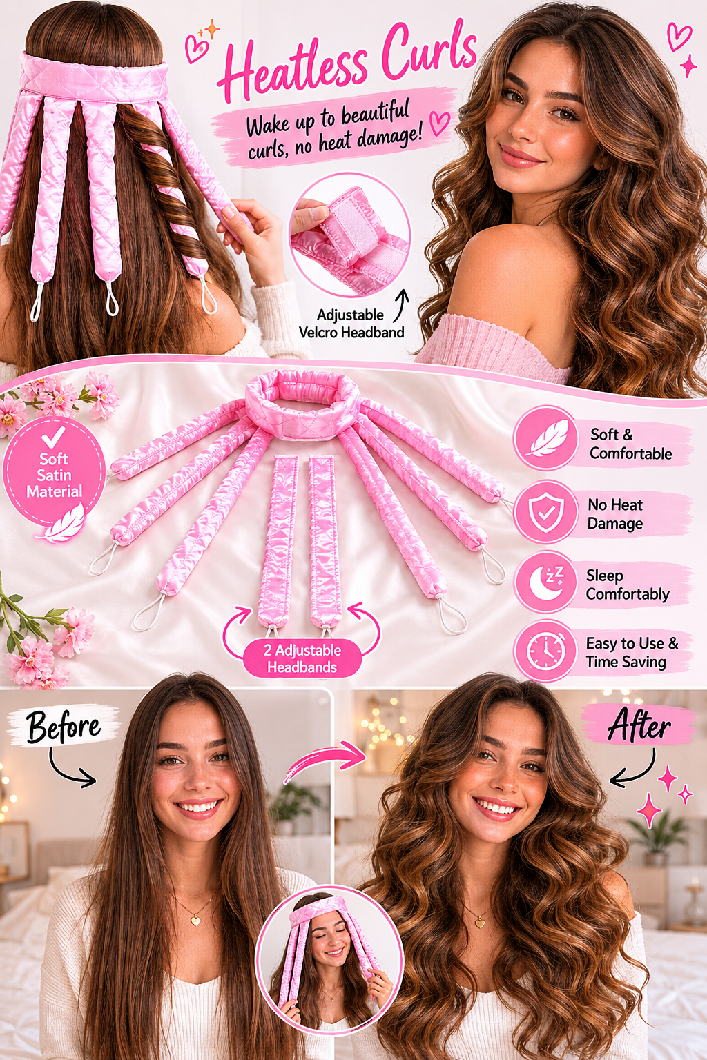 Heatless Hair Curler Silk New Upgradeed No Heat Curling Rode Headband for Long Hair Soft Hair Curls with Removeable & Adjustable To Sleep In Hair Curls